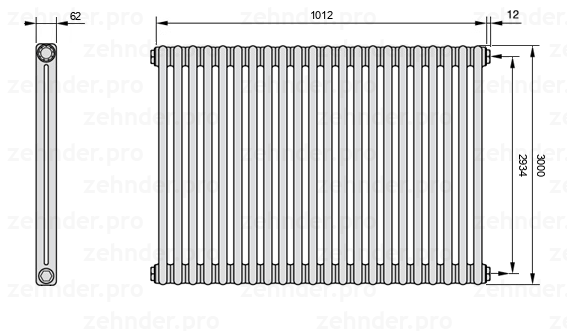Схема (чертеж) Радиатор Zehnder Charleston 2300/22 №7610 Белый глянцевый RAL 9016